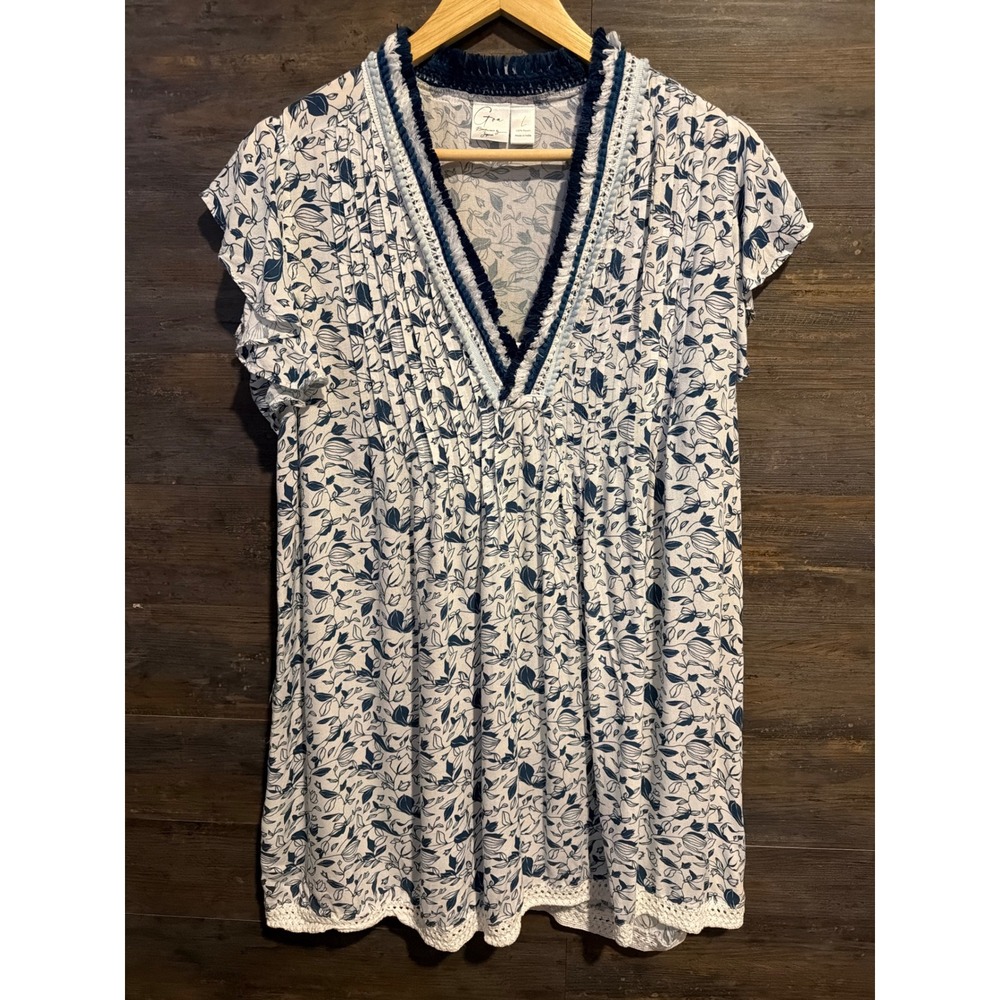 Goa Beachwear by Japna‎ Womens Floral Crochet Trim V-Neck Tunic Top Blue White L
